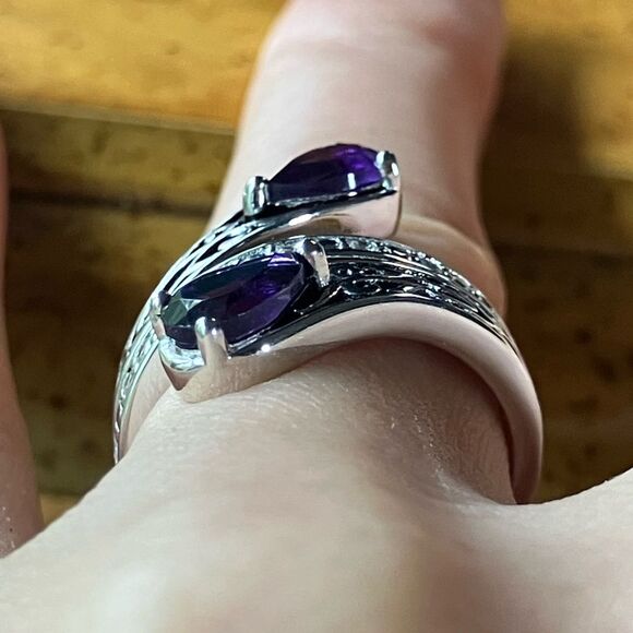 African Amethyst Sterling Silver Bypass Ring Size 6 - Picture 2 of 9